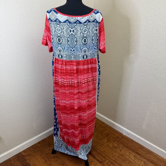 Noracora Boho Maxi Dress Mixed Print Floral Short Sleeve Pockets XL, NWT - Picture 2 of 6